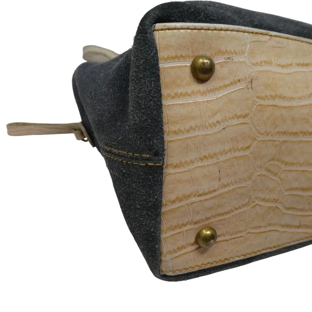 Sanpo Gray Suede Ostrich Leather Satchal Handbag Purse‎